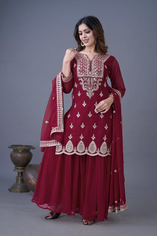 Georgette heavy Sequins Embroidered Top, Sharara & Dupatta
