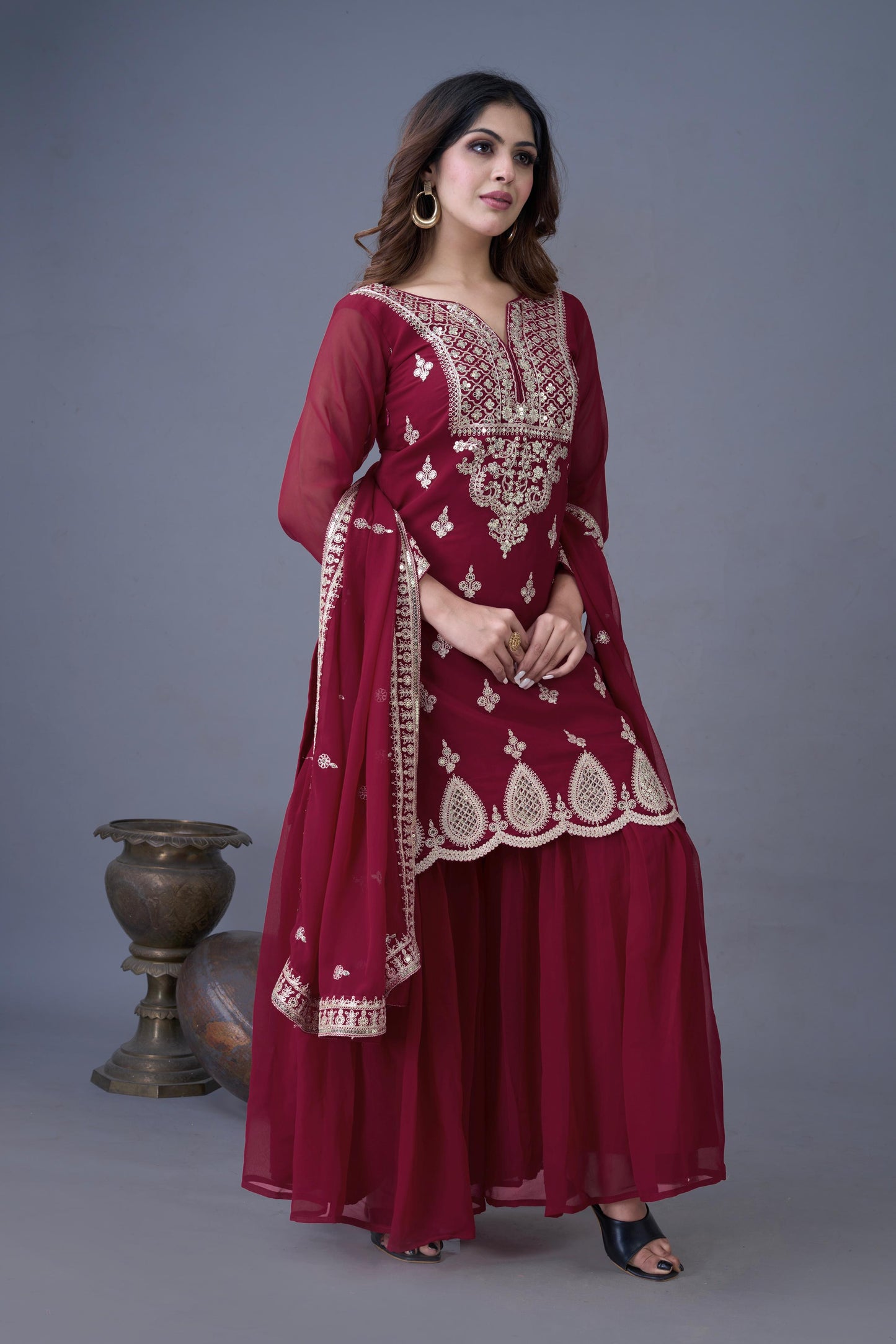 Georgette heavy Sequins Embroidered Top, Sharara & Dupatta