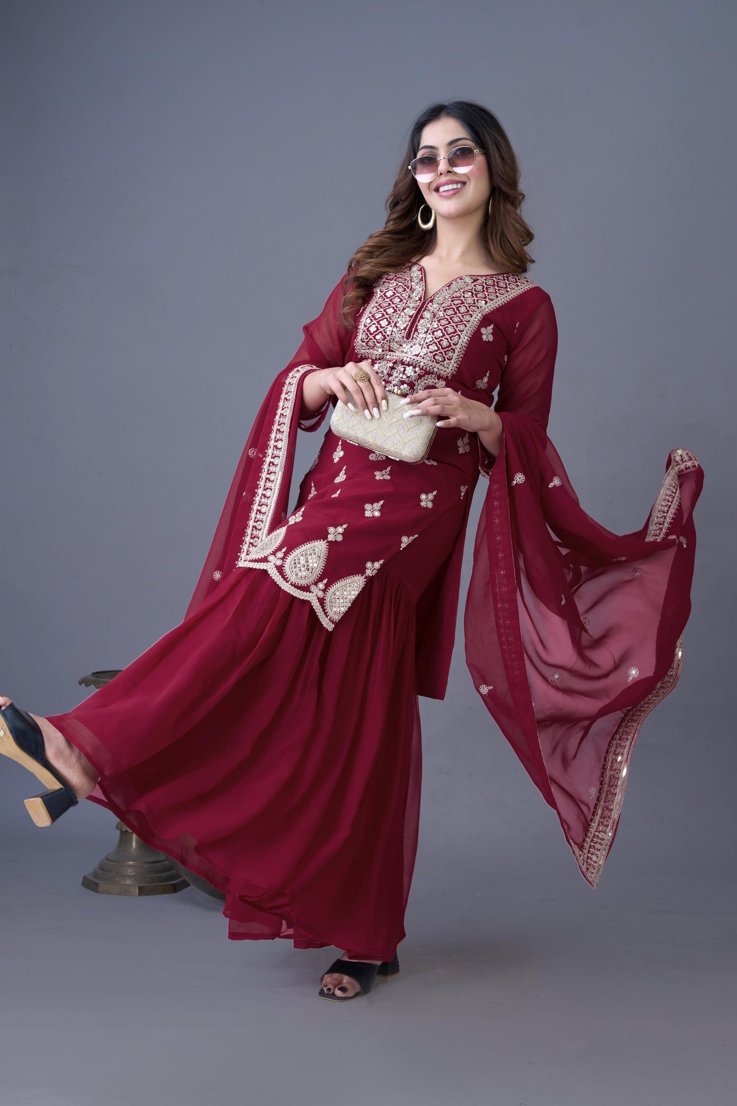 Georgette heavy Sequins Embroidered Top, Sharara & Dupatta