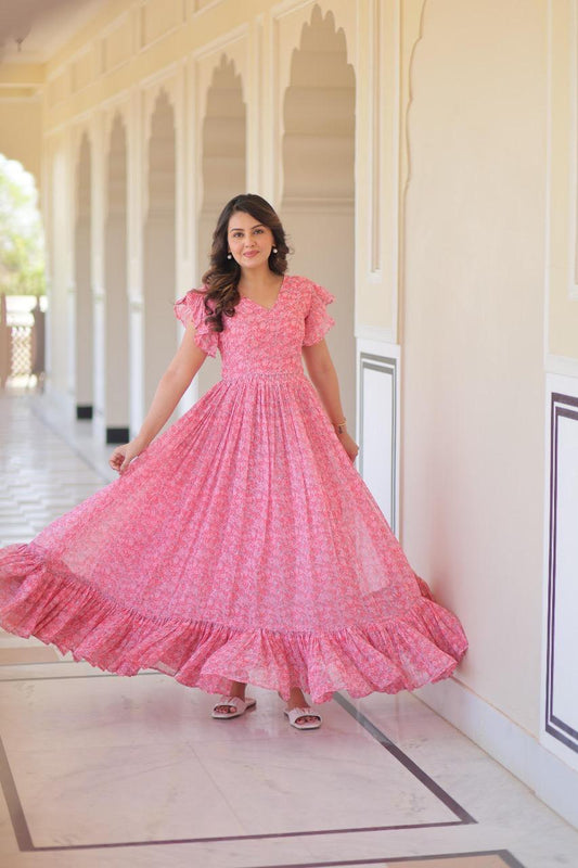 Printed Faux Georgette Full Flaired Gown