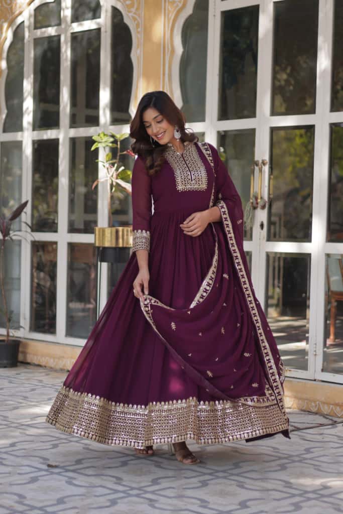 Faux Blooming Georgette with Sequins Embroidered Gown with Dupatta