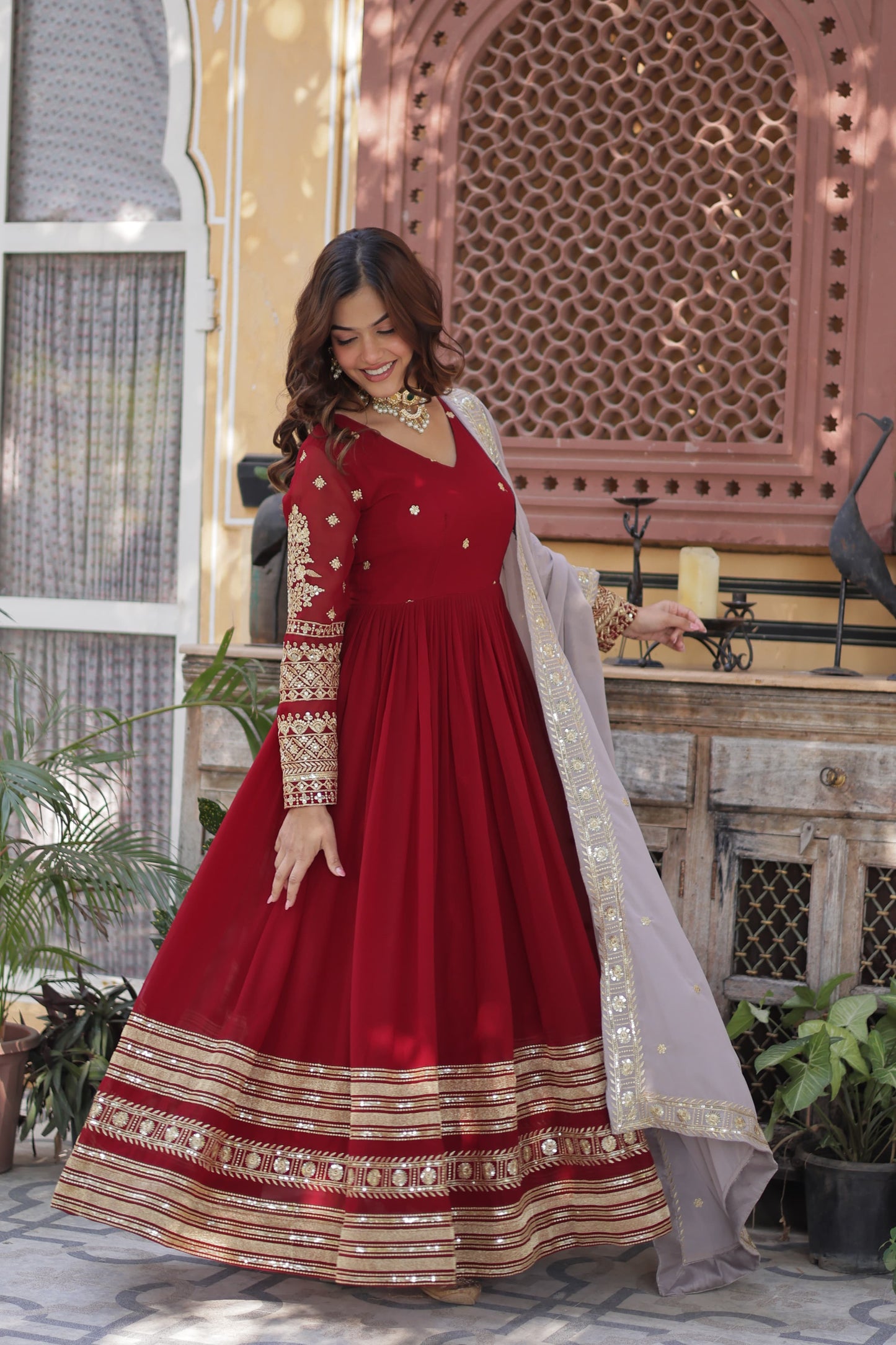 Faux Geoergette with Zari & Sequins Embroidered Gown with Dupatta