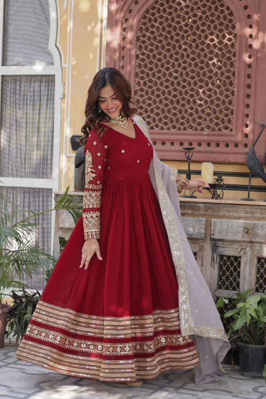 Faux Geoergette with Zari & Sequins Embroidered Gown with Dupatta