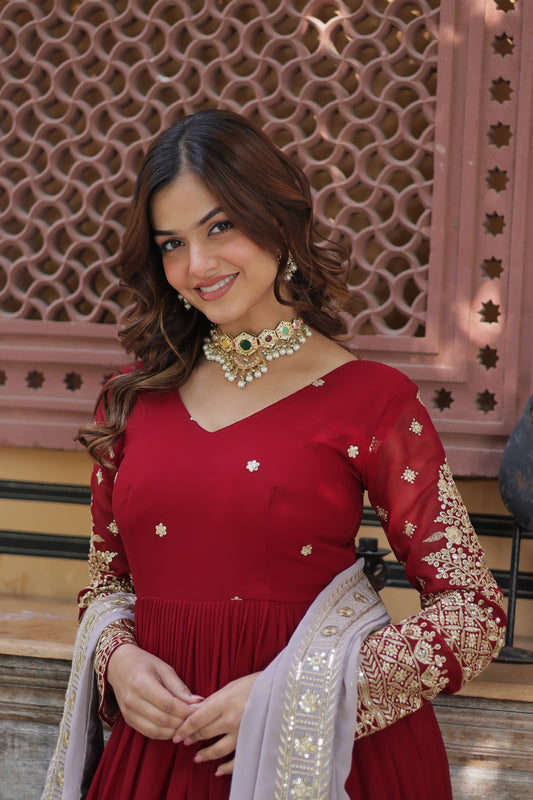 Faux Geoergette with Zari & Sequins Embroidered Gown with Dupatta