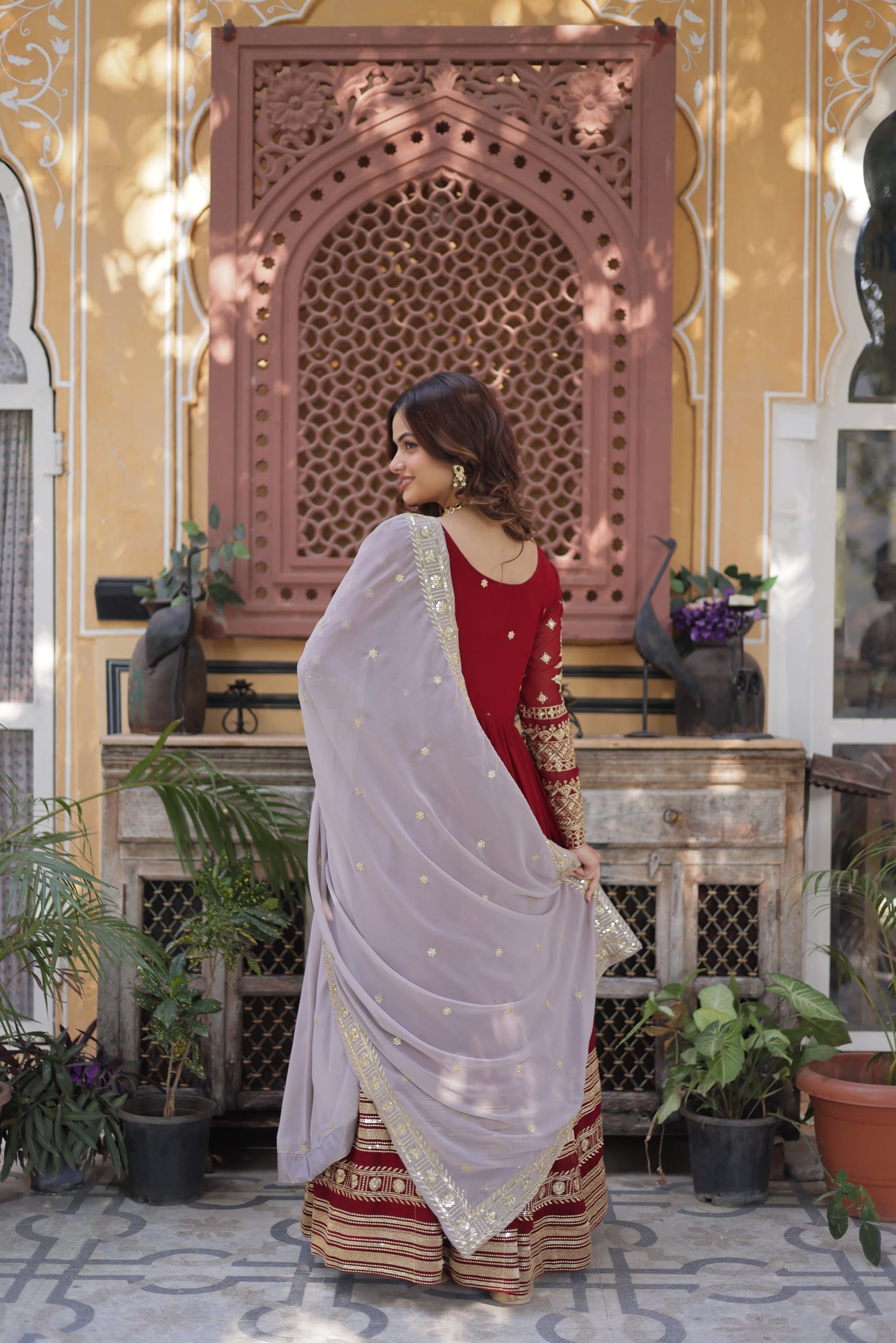 Faux Geoergette with Zari & Sequins Embroidered Gown with Dupatta