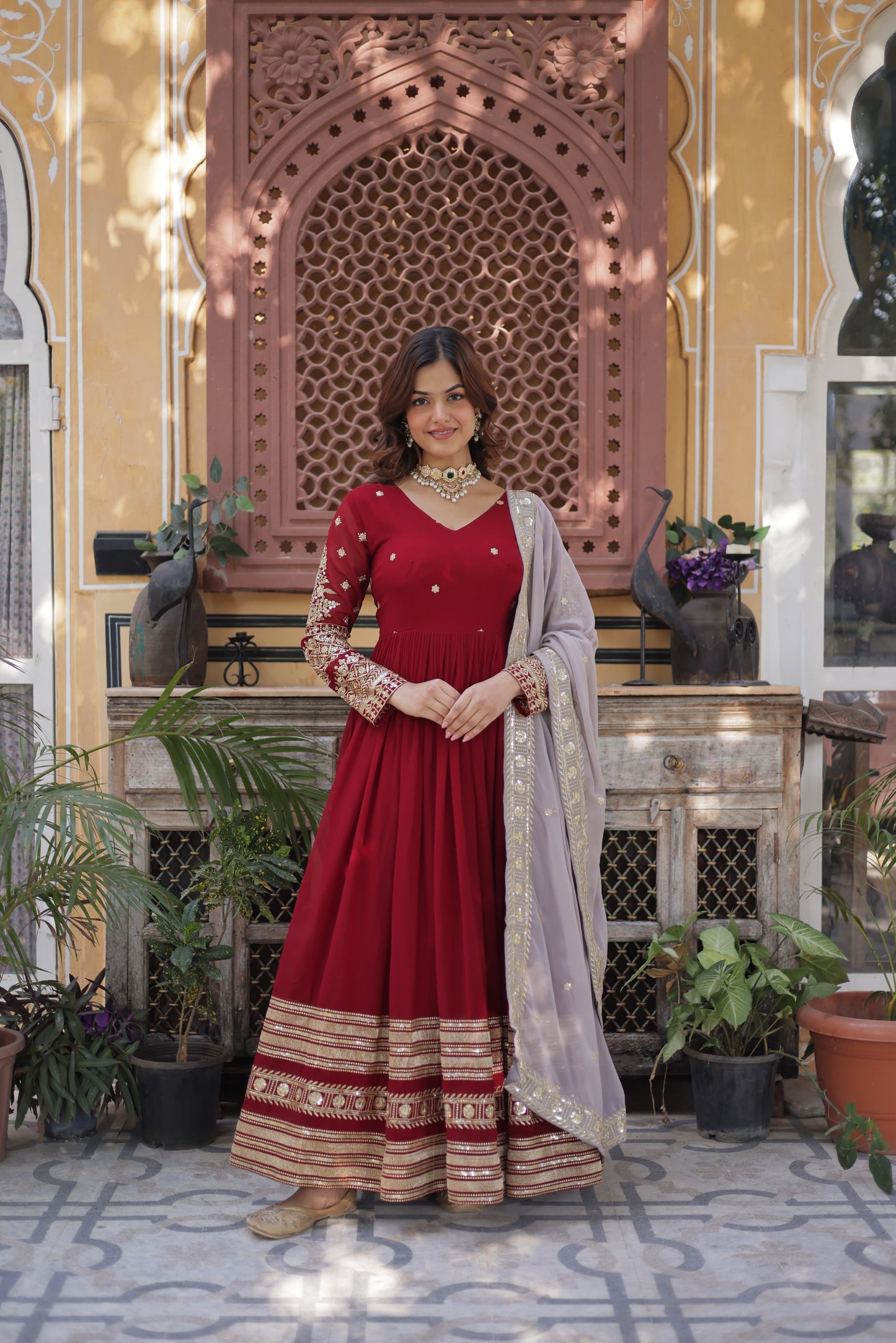 Faux Geoergette with Zari & Sequins Embroidered Gown with Dupatta