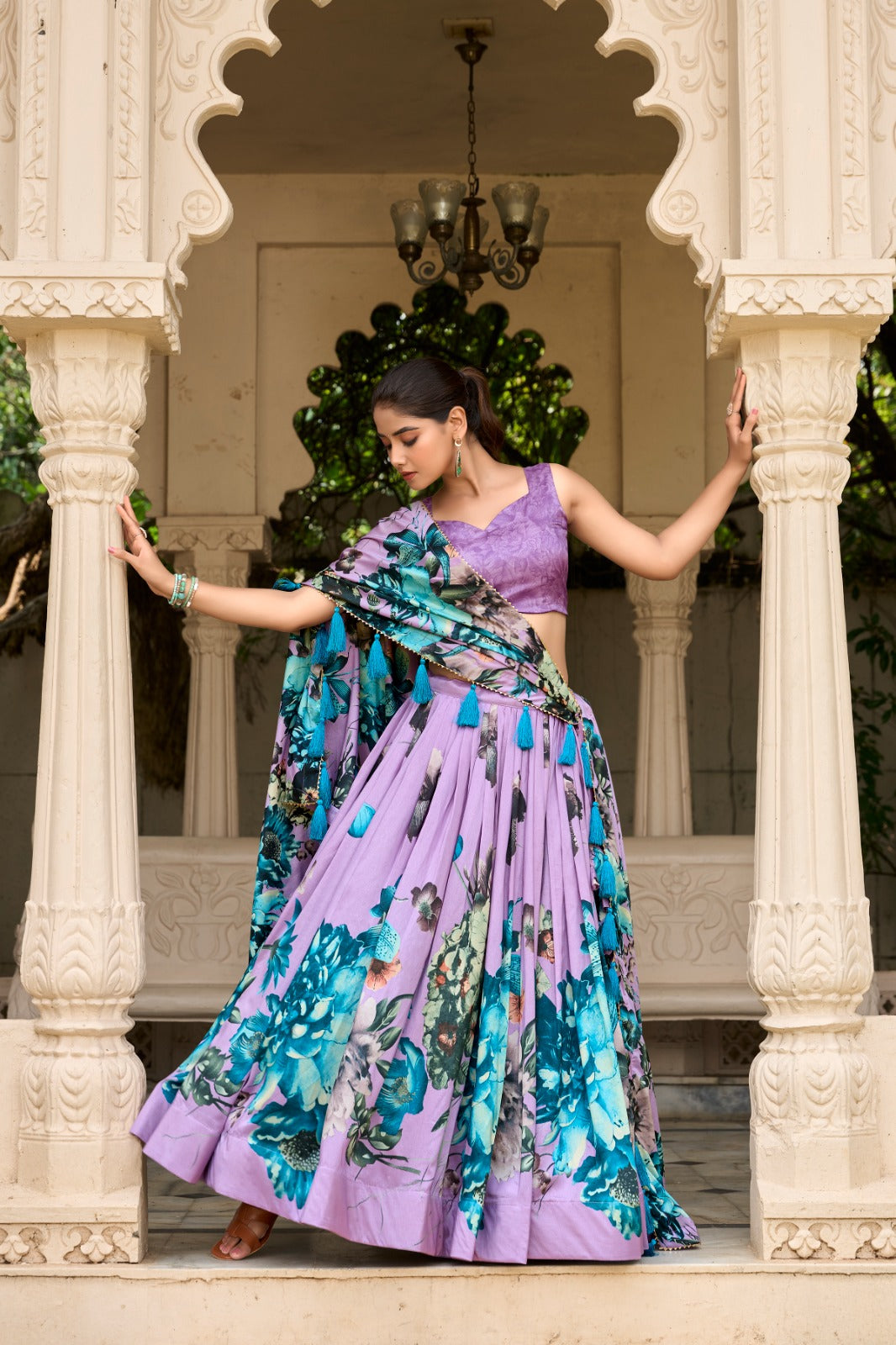 Tasar Silk Lehenga with Floral Print and Lace Touch-Up