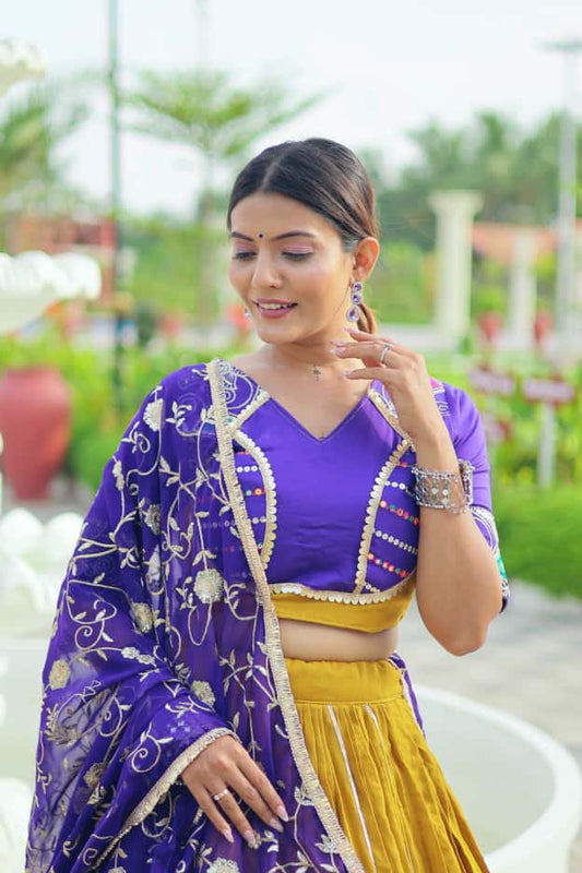 Pure Cotton with Lace & Heavy Thread Embroidered Lehenga and Faux Georgette with Lace Work Dupatta