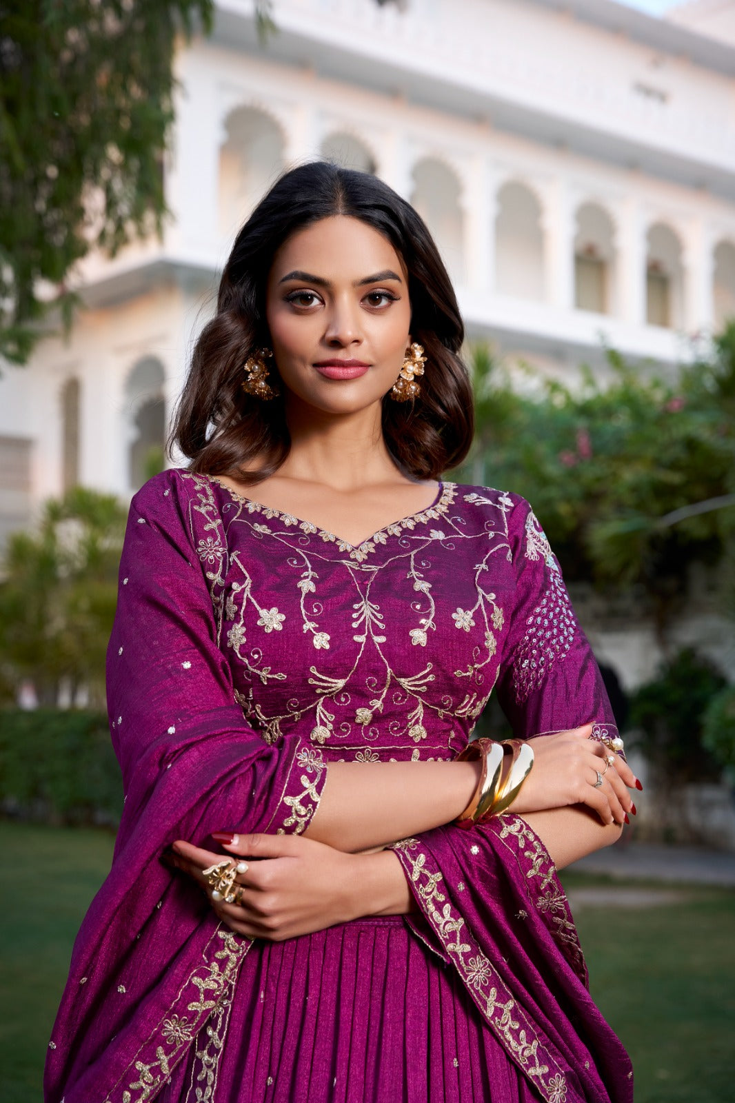 Vichitra Silk with Sequins and Thread Embroidered Lehenga