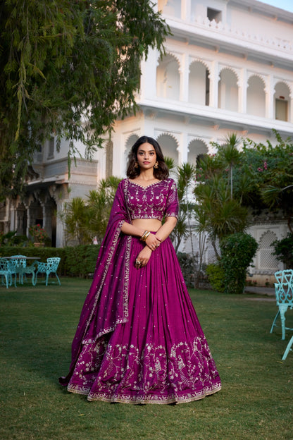 Vichitra Silk with Sequins and Thread Embroidered Lehenga