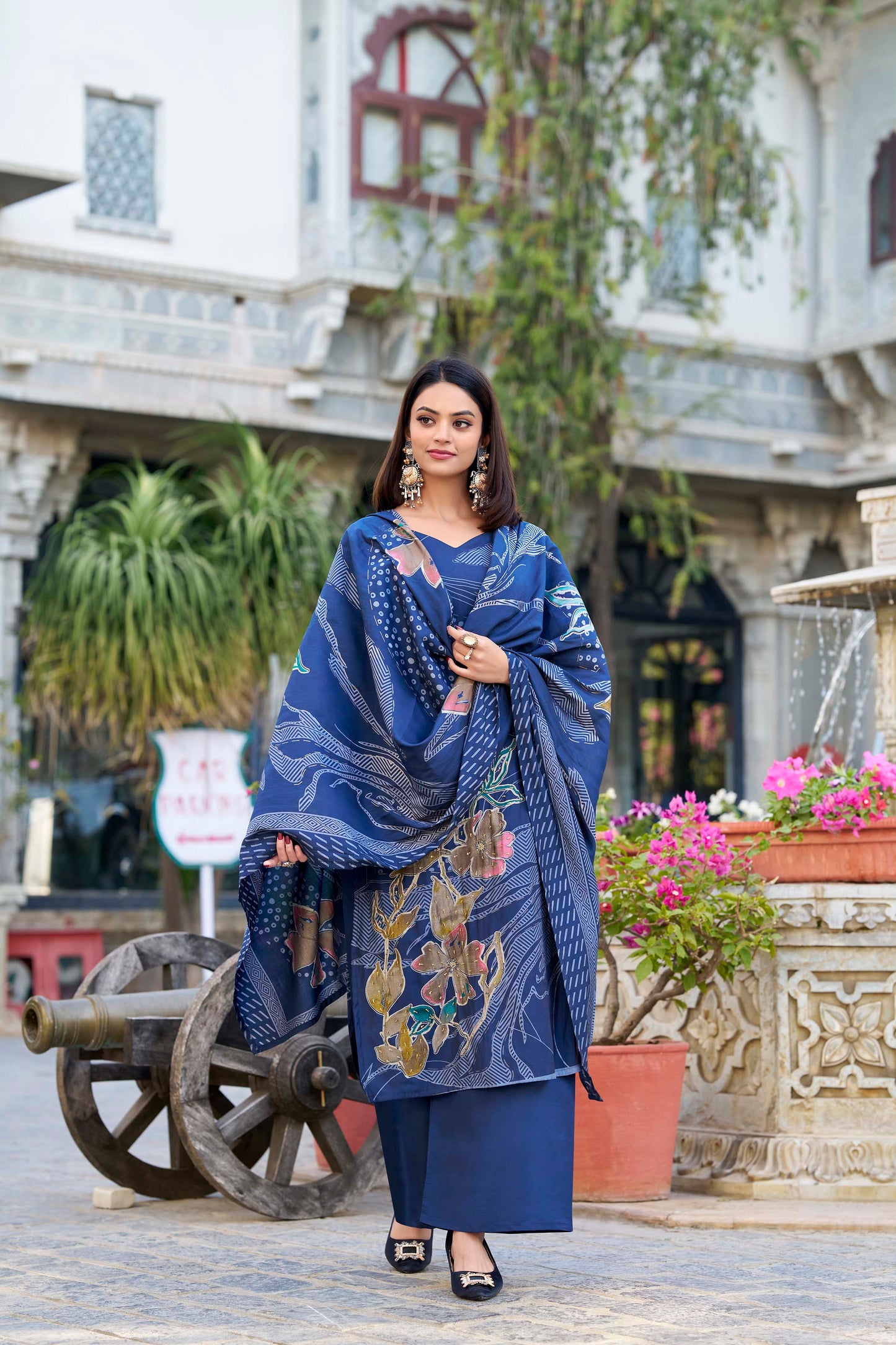 Beads Work Floral Printed Roman Silk Salwar Kameez & Dupatta (Blue)