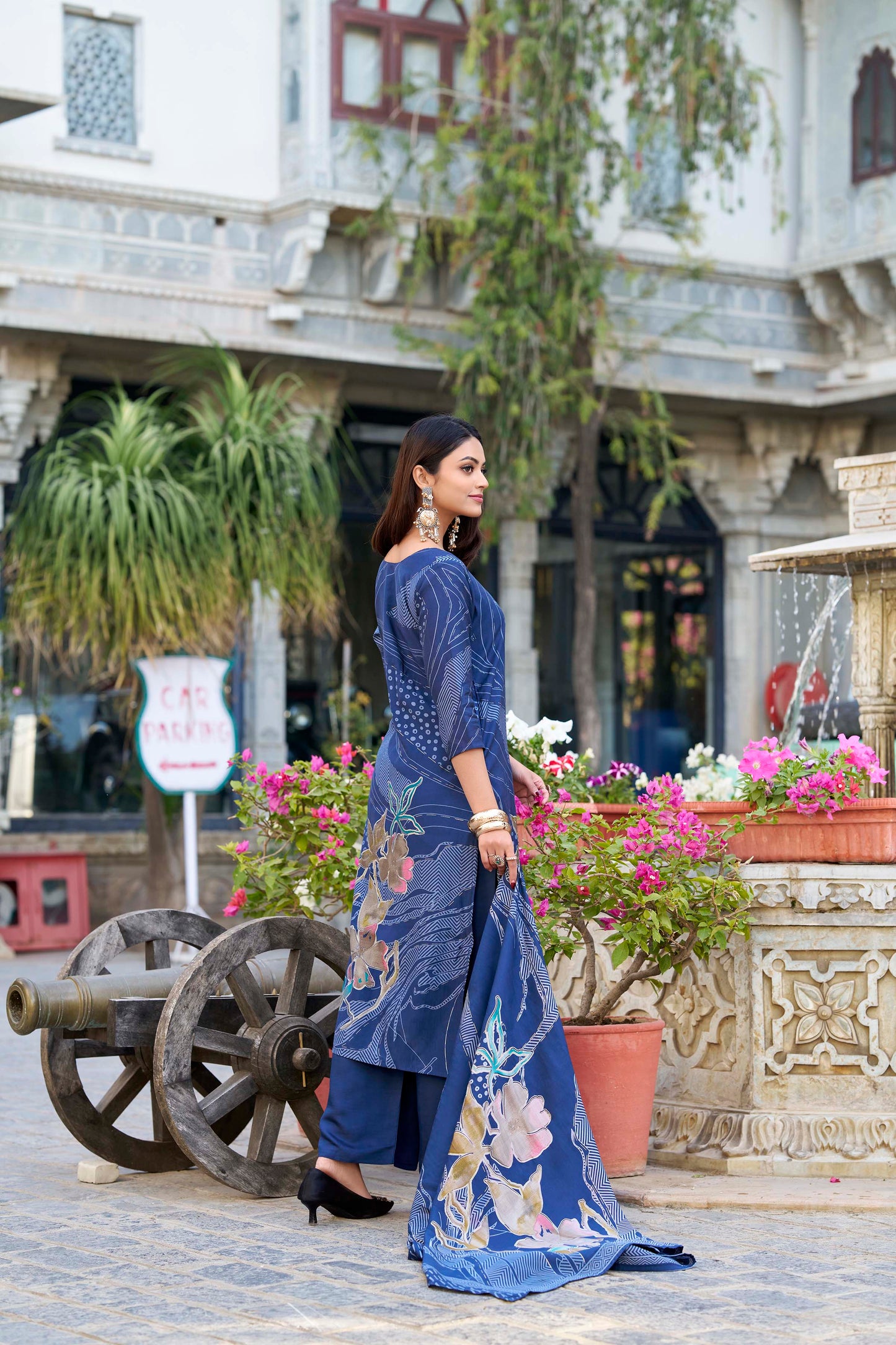 Beads Work Floral Printed Roman Silk Salwar Kameez & Dupatta (Blue)