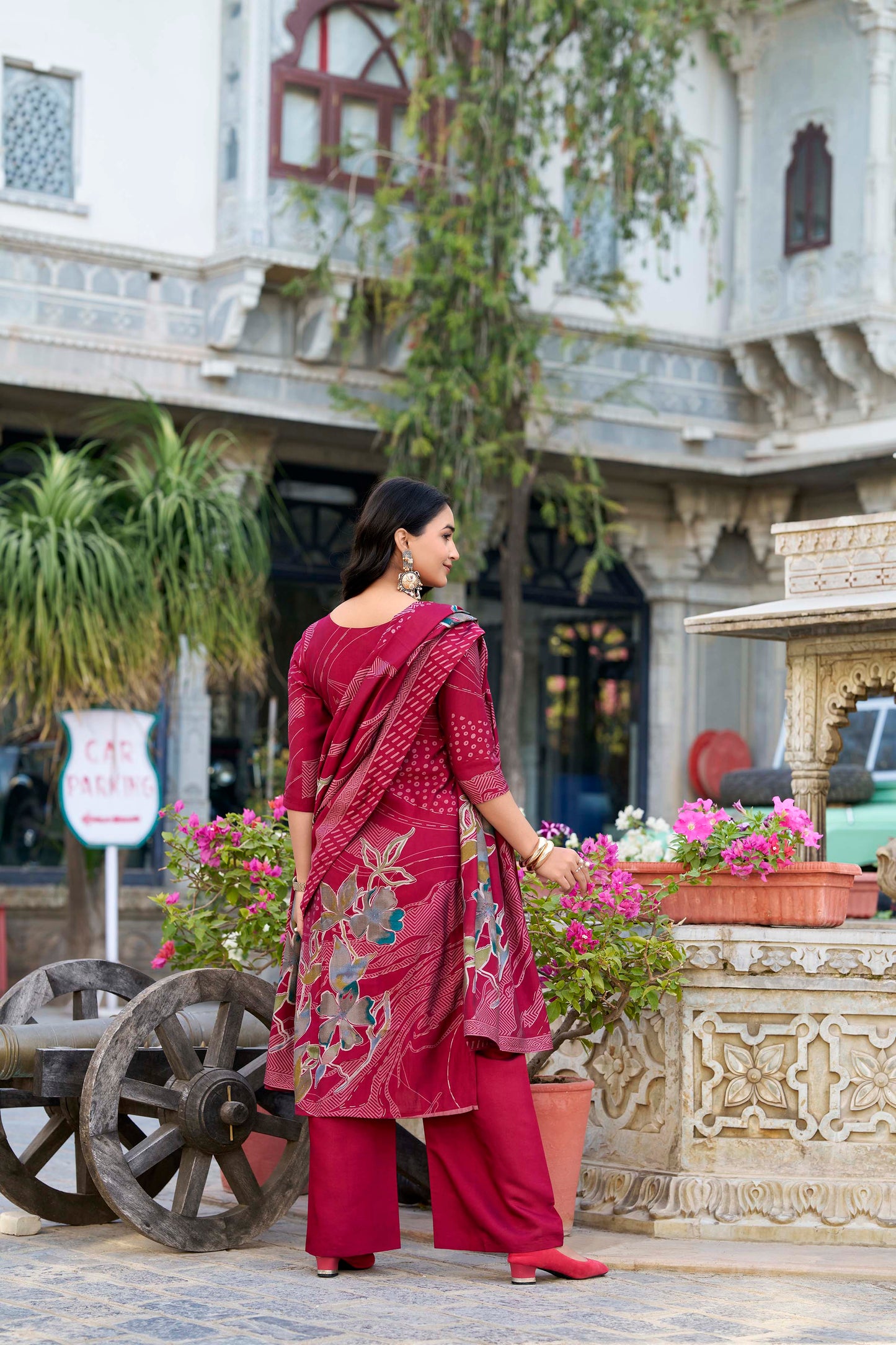 Beads Work Floral Printed Roman Silk Salwar Kameez & Dupatta (Maroon)