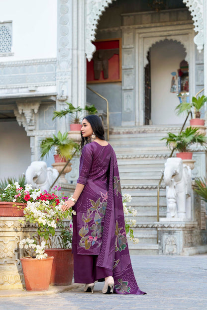 Beads Work Floral Printed Roman Silk Salwar Kameez & Dupatta (Wine)
