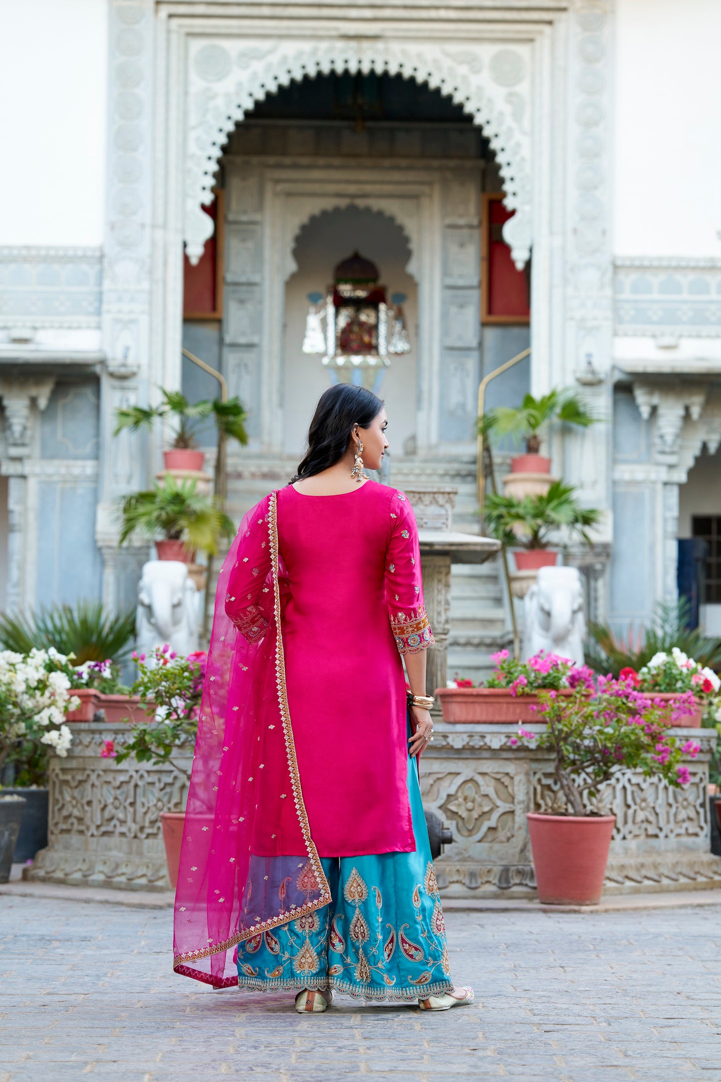 Printed Sequins Embroidered Work Moonga Silk Top, Palazzo & Dupatta