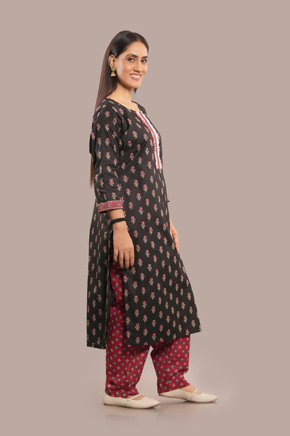Lace Work Floral Block Printed Salwar Kameez & Dupatta