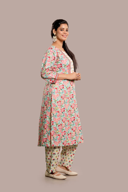 Lace Work Floral Block Printed Salwar Kameez & Dupatta