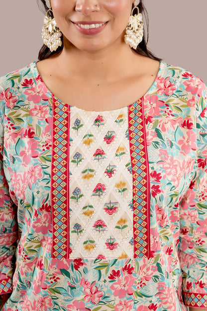 Lace Work Floral Block Printed Salwar Kameez & Dupatta