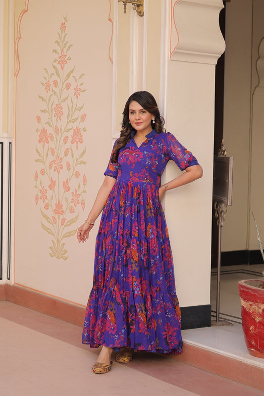 Blue Floral Print Georgette Gown