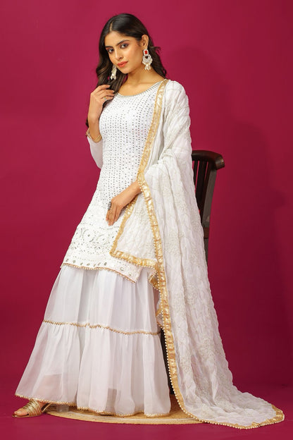 Faux Georgette with Moti Lace and Sequins Embroidered Sharara Set