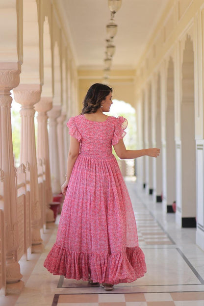 Printed Faux Georgette Full Flaired Gown