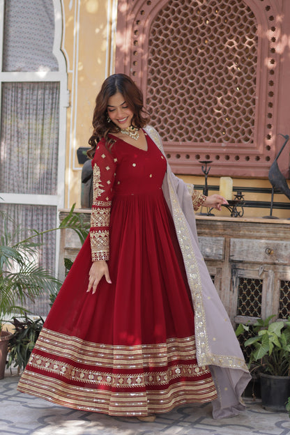 Faux Geoergette with Zari & Sequins Embroidered Gown with Dupatta
